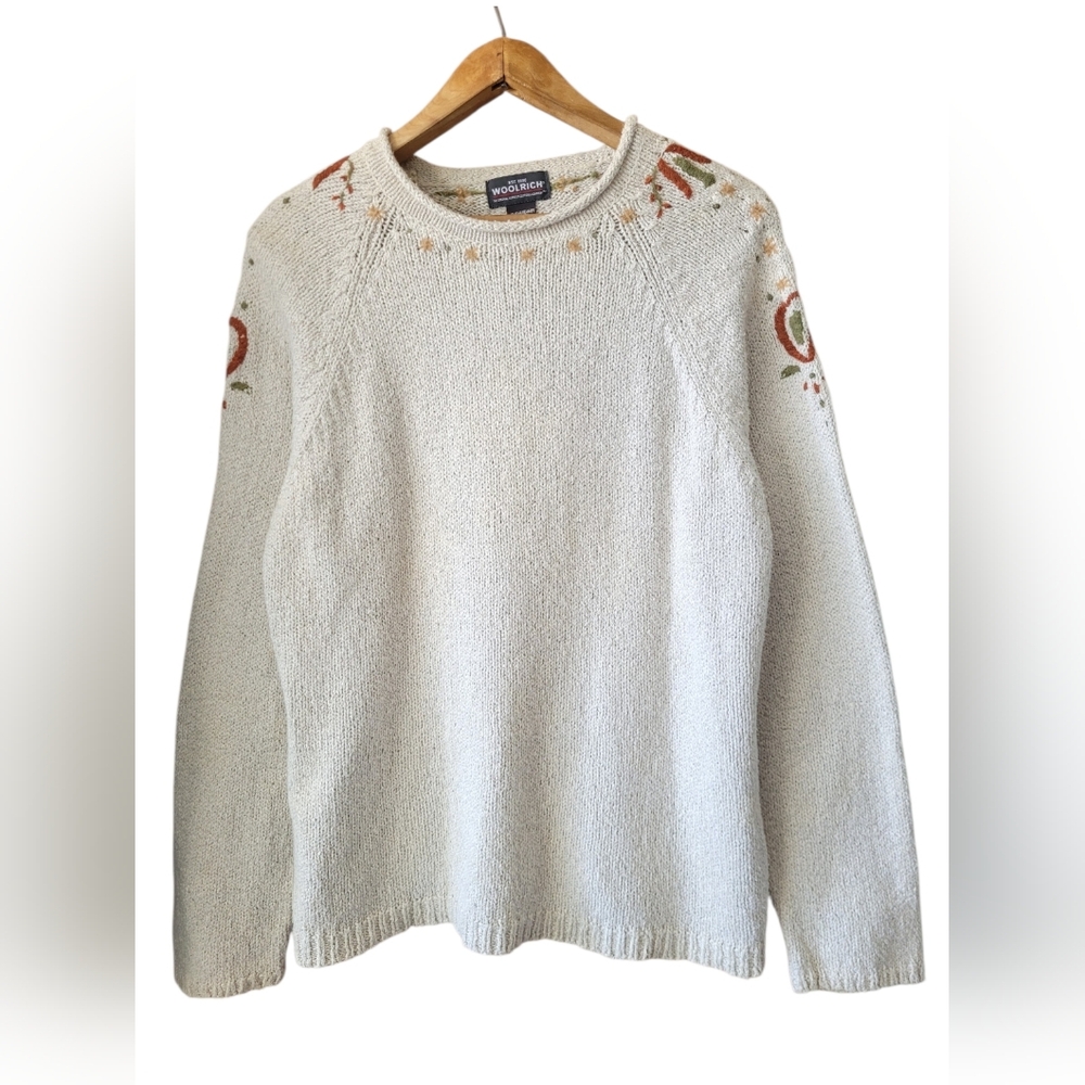Woolrich Embroidered Cotton Sweater Boho Cottagecore Floral Cream XL
